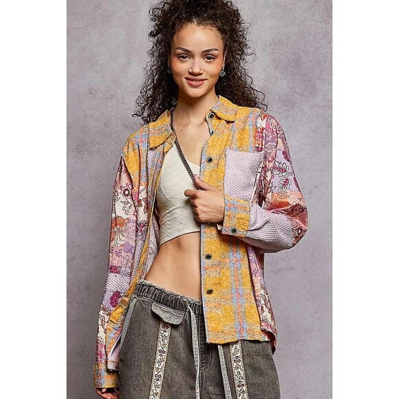 POL Printed Button Down Long Sleeve Exposed Seam Shirt - Picture 3 of 8